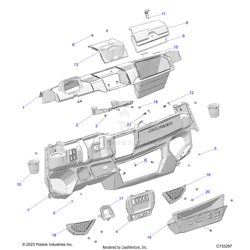 An Image of a Genuine Polaris Parts Schematic Diagram showing the schematic - BODY: DASH - 2025 POLARIS RANGER 1000 EPS
