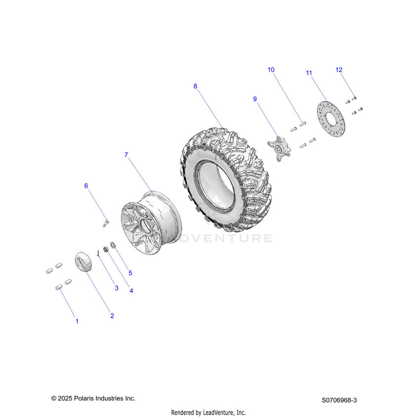 An Image of a Genuine Polaris Parts Schematic Diagram showing the schematic - WHEELS: FRONT - 2026 POLARIS RANGER 570 NORTHSTAR