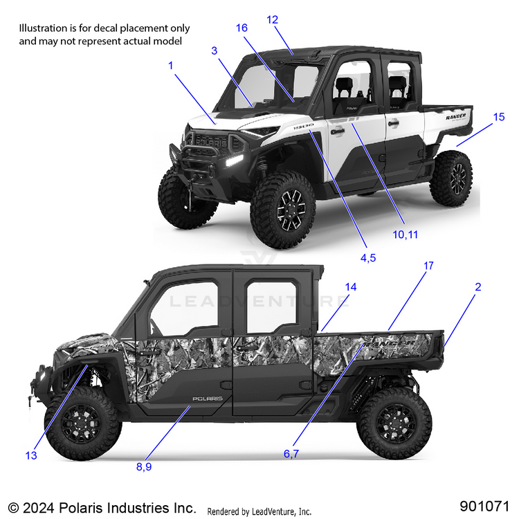 An Image of a Genuine Polaris Parts Schematic Diagram showing the schematic - BODY: DECALS - 2025 POLARIS RANGER XD 1500 NORTHSTAR ULTIMATE CREW