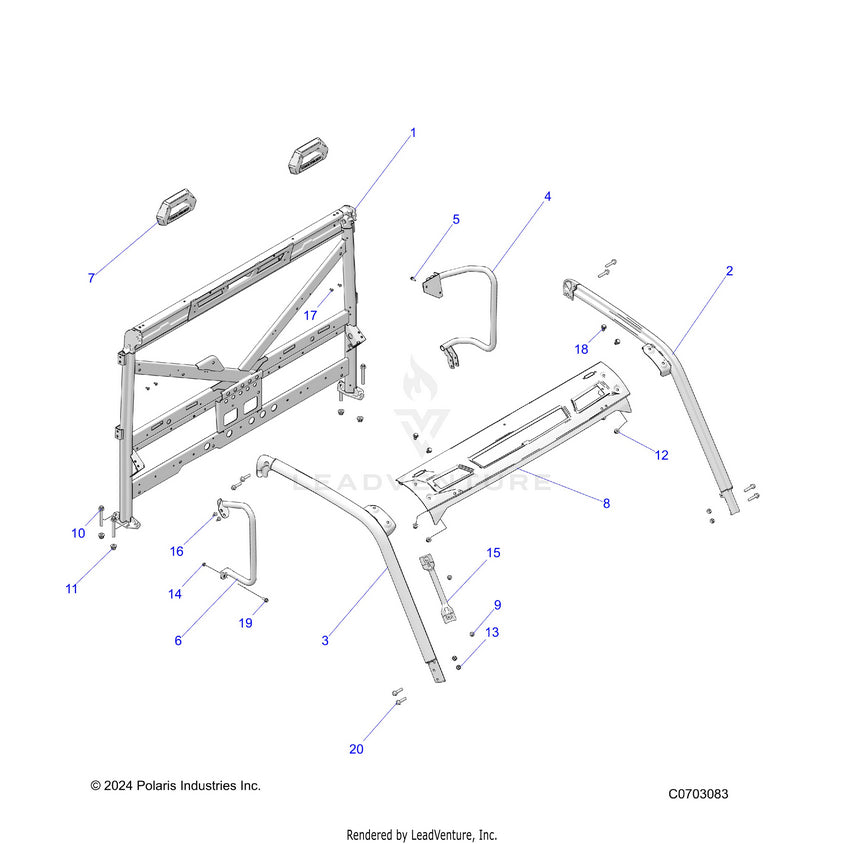 An Image of a Genuine Polaris Parts Schematic Diagram showing the schematic - CHASSIS: CAB FRAME - 2020 POLARIS RANGER 1000 FULL SIZE EPS FO