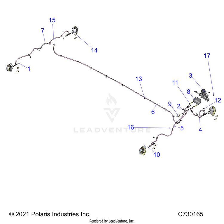 An Image of a Genuine Polaris Parts Schematic Diagram showing the schematic - BRAKES: BRAKE LINES & MASTER CYLINDER - 2024 POLARIS RANGER 570 CREW NORTHSTAR