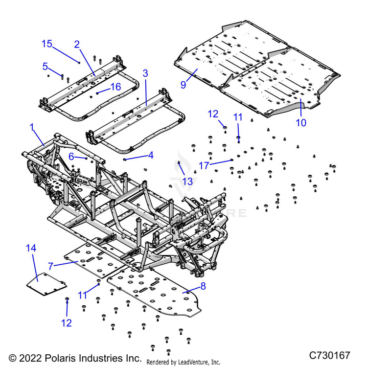 An Image of a Genuine Polaris Parts Schematic Diagram showing the schematic - CHASSIS: FRAME - 2022 POLARIS RANGER CREW 570 RIDE COMMAND