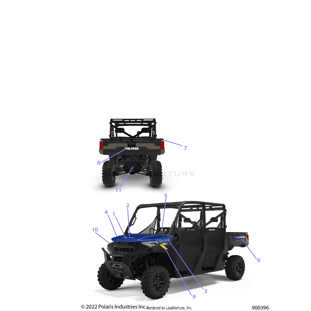 An Image of a Genuine Polaris Parts Schematic Diagram showing the schematic - BODY: DECALS GRAPHICS - 2022 POLARIS RANGER CREW 1000 PREMIUM WINTER