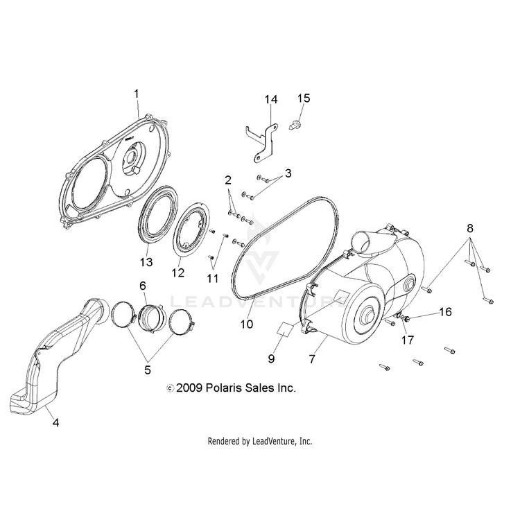An Image of a Genuine Polaris Parts Schematic Diagram showing the schematic - DRIVE TRAIN: CLUTCH COVER - 2015 POLARIS RANGER 800 6X6