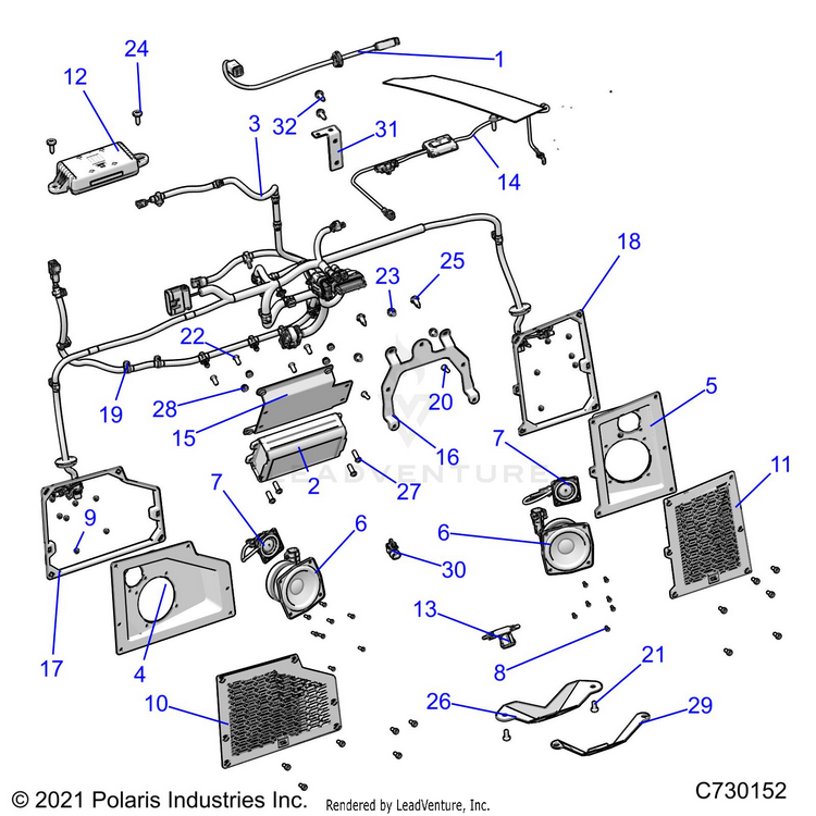 An Image of a Genuine Polaris Parts Schematic Diagram showing the schematic - ELECTRICAL: RIDE COMMAND & AUDIO - 2022 POLARIS RANGER CREW 570 RIDE COMMAND