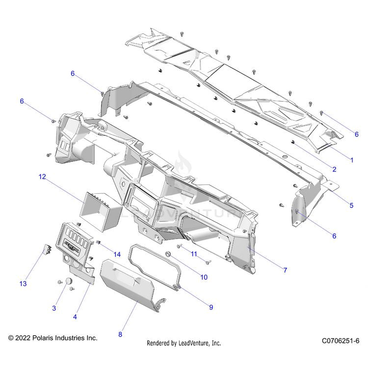 An Image of a Genuine Polaris Parts Schematic Diagram showing the schematic - BODY: DASH - 2023 POLARIS GENERAL 1000 SPORT