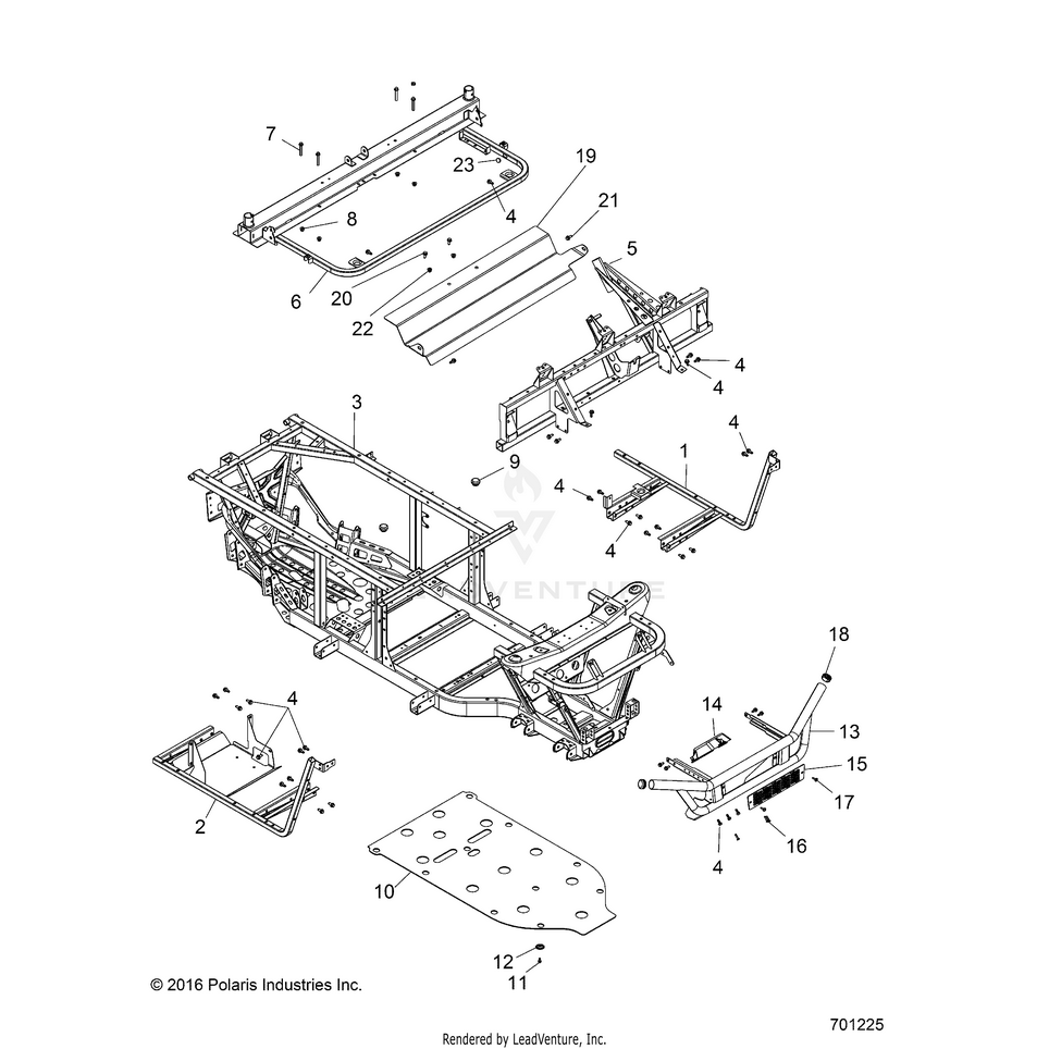 An Image of a Genuine Polaris Parts Schematic Diagram showing the schematic - CHASSIS: FRAME & FRONT BUMPER - 2016 POLARIS RANGER 570