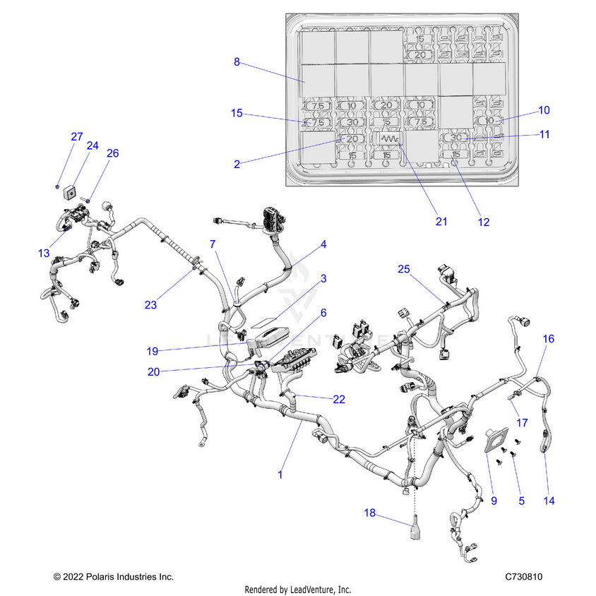 An Image of a Genuine Polaris Parts Schematic Diagram showing the schematic - ELECTRICAL: WIRE HARNESS - 2023 POLARIS RANGER XP 1000 NORTHSTAR ULTIMATE EVAP