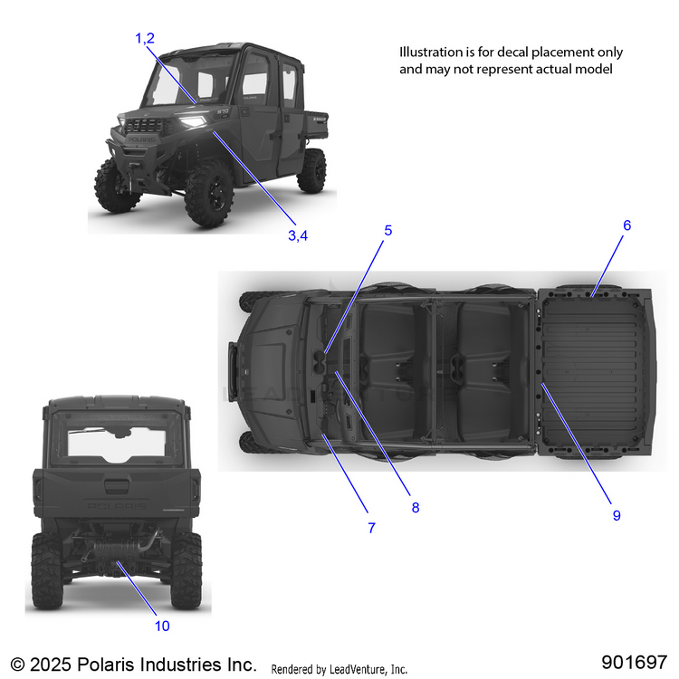 An Image of a Genuine Polaris Parts Schematic Diagram showing the schematic - BODY: DECALS GENERAL - 2026 POLARIS RANGER 570 CREW NORTHSTAR