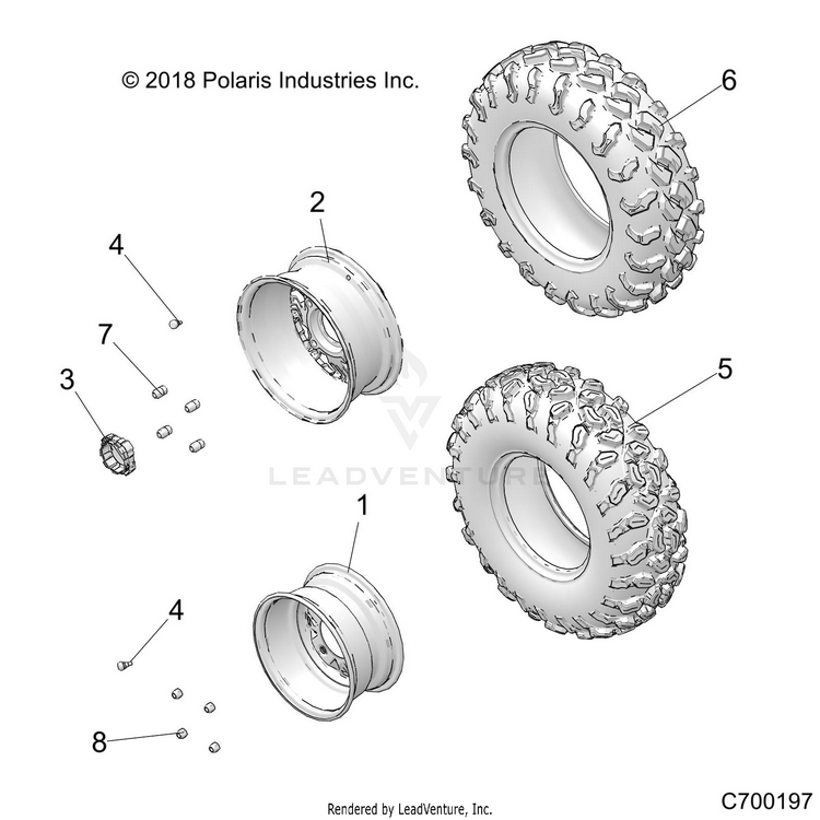 An Image of a Genuine Polaris Parts Schematic Diagram showing the schematic - WHEELS: FRONT - 2018 POLARIS GENERAL 1000 EPS