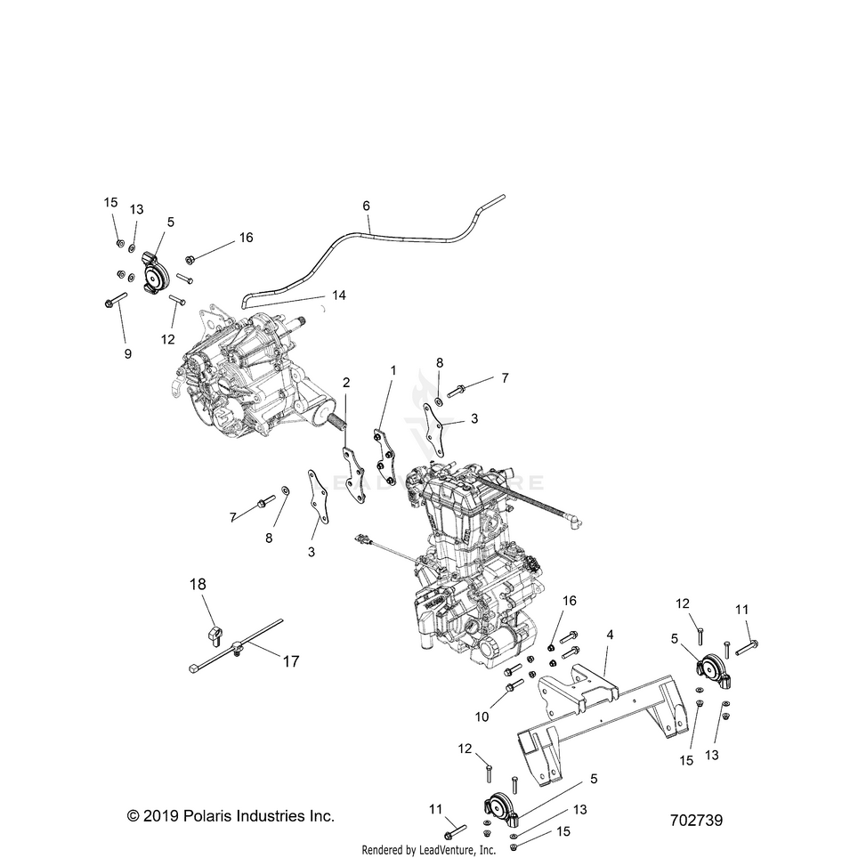 An Image of a Genuine Polaris Parts Schematic Diagram showing the schematic - ENGINE: TRANSMISSION MOUNTING & LONG BLOCK - 2021 POLARIS RANGER 500 2WD