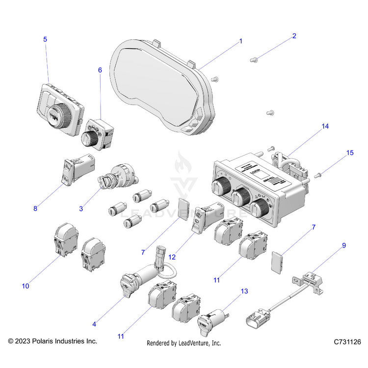 An Image of a Genuine Polaris Parts Schematic Diagram showing the schematic - ELECTRICAL: DASH COMPONENTS - 2024 POLARIS RANGER XD 1500 NORTHSTAR CREW