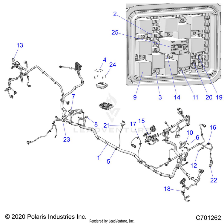 An Image of a Genuine Polaris Parts Schematic Diagram showing the schematic - ELECTRICAL: WIRE HARNESS - 2021 POLARIS RANGER CREW XP 1000 BIG GAME EVAP
