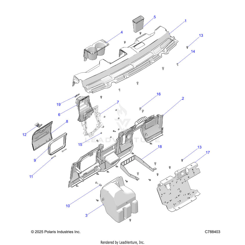 An Image of a Genuine Polaris Parts Schematic Diagram showing the schematic - BODY: DASH - 2025 POLARIS RANGER 570 PREMIUM