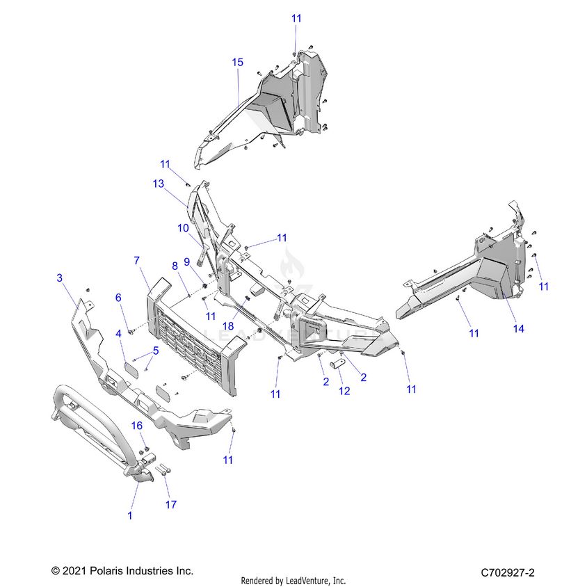 An Image of a Genuine Polaris Parts Schematic Diagram showing the schematic - BODY: FRONT BUMPER FASCIA GRILLE AND FLARES - 2024 POLARIS XPEDITION XP ULTIMATE