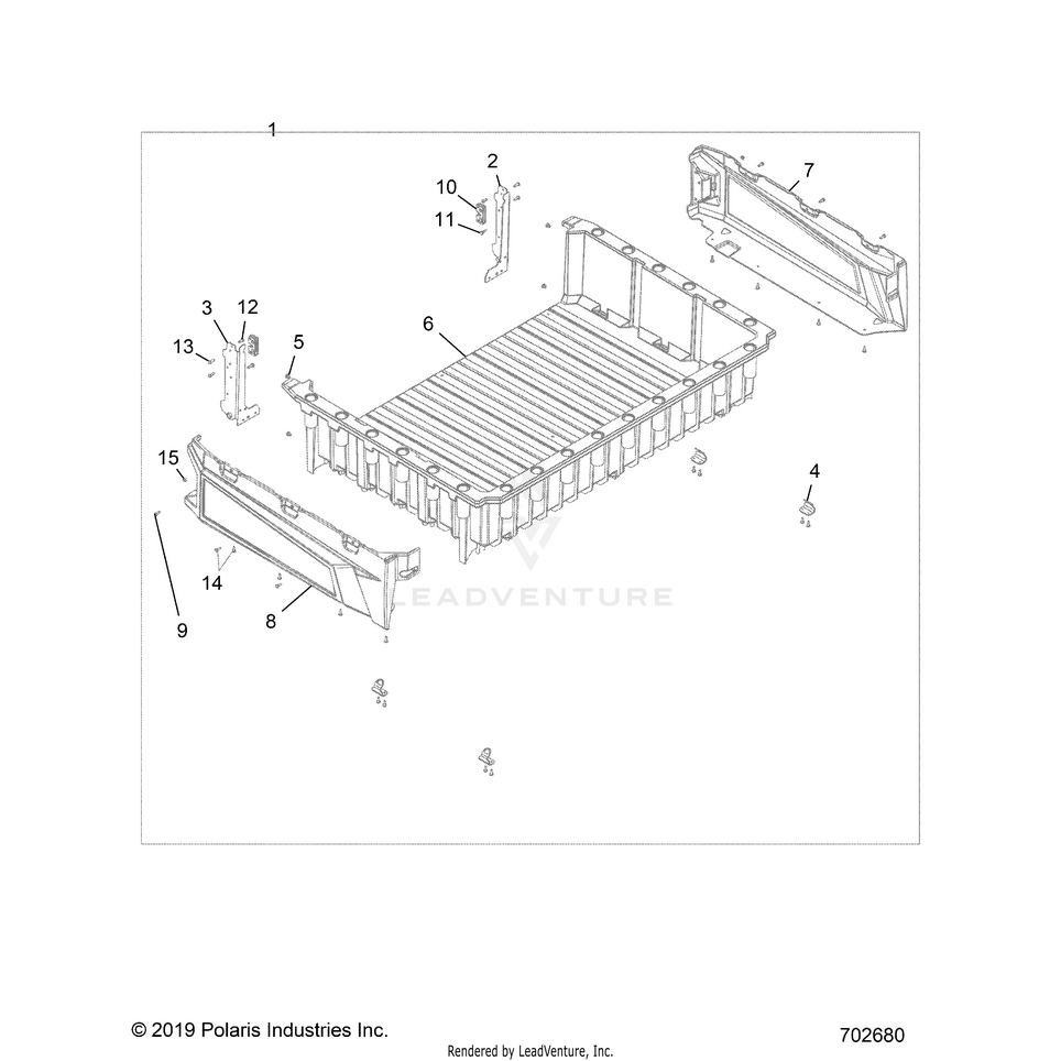 An Image of a Genuine Polaris Parts Schematic Diagram showing the schematic - BODY: CARGO BOX - 2020 POLARIS RANGER 1000 FULL SIZE EPS FO