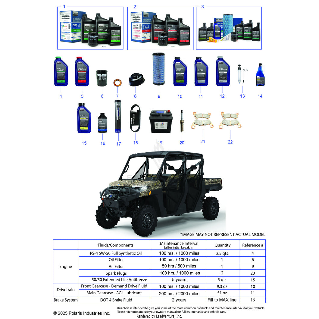 An Image of a Genuine Polaris Parts Schematic Diagram showing the schematic - *SERVICE & MAINTENANCE - 2025 POLARIS RANGER 1000 XP CREW WATERFOWL