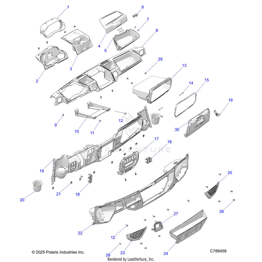 An Image of a Genuine Polaris Parts Schematic Diagram showing the schematic - BODY: DASH - 2026 POLARIS RANGER 1000 XP NORTHSTAR
