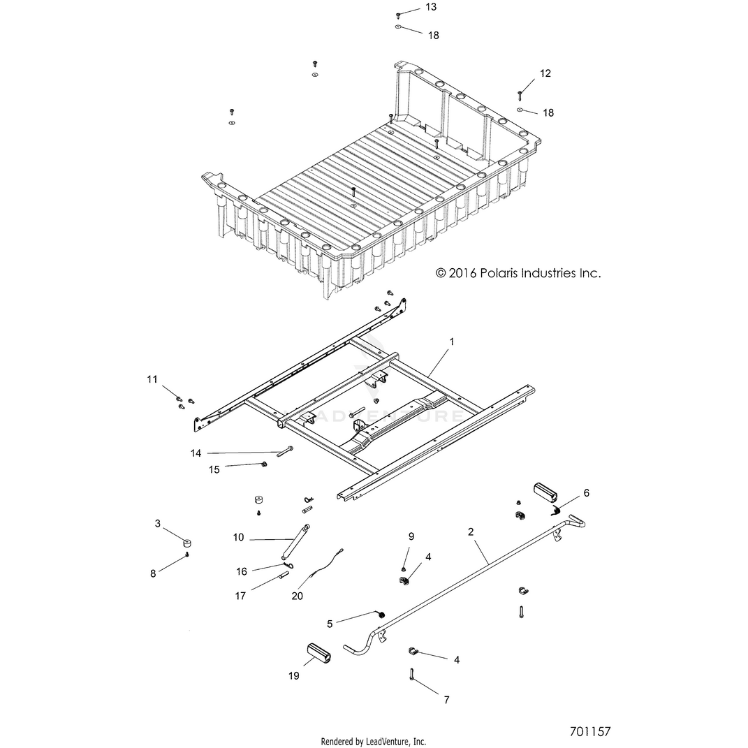 An Image of a Genuine Polaris Parts Schematic Diagram showing the schematic - BODY: BOX MOUNTING & LATCH - 2019 POLARIS RANGER CREW 900 EPS