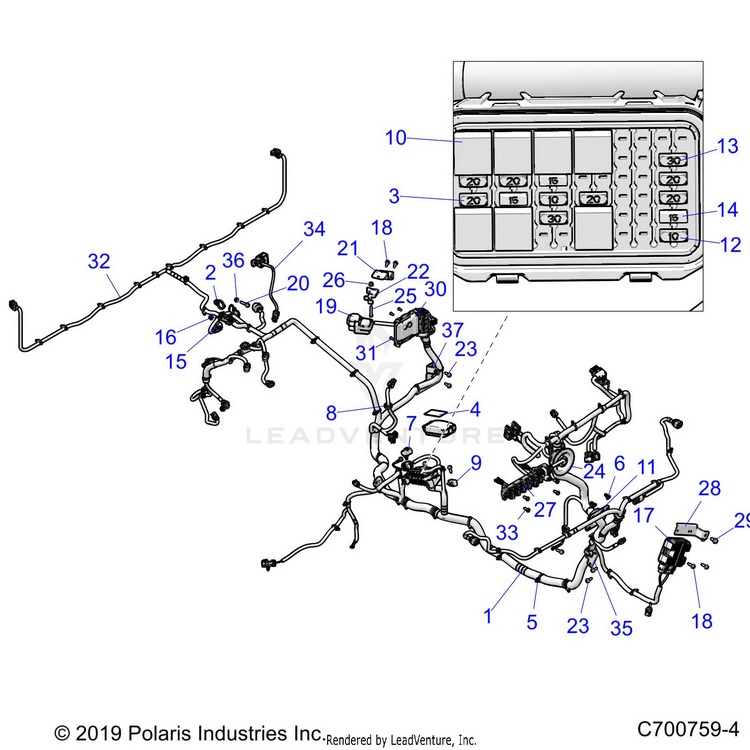 An Image of a Genuine Polaris Parts Schematic Diagram showing the schematic - ELECTRICAL: WIRE HARNESS - 2020 POLARIS RANGER XP 1000 EPS