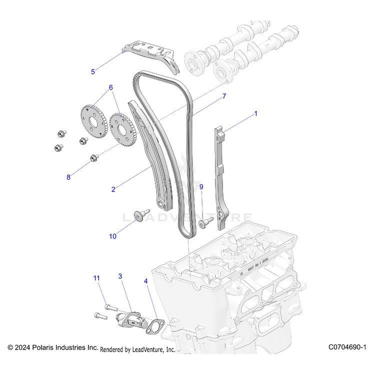 An Image of a Genuine Polaris Parts Schematic Diagram showing the schematic - ENGINE: CAM CHAIN AND TENSIONER - 2024 POLARIS XPEDITION ADV 5 ULTIMATE