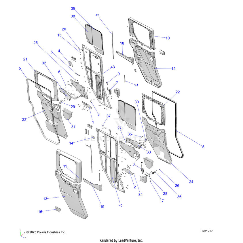 An Image of a Genuine Polaris Parts Schematic Diagram showing the schematic - BODY: DOOR REAR CRANK - 2022 POLARIS RANGER CREW XP 1000 NORTHSTAR