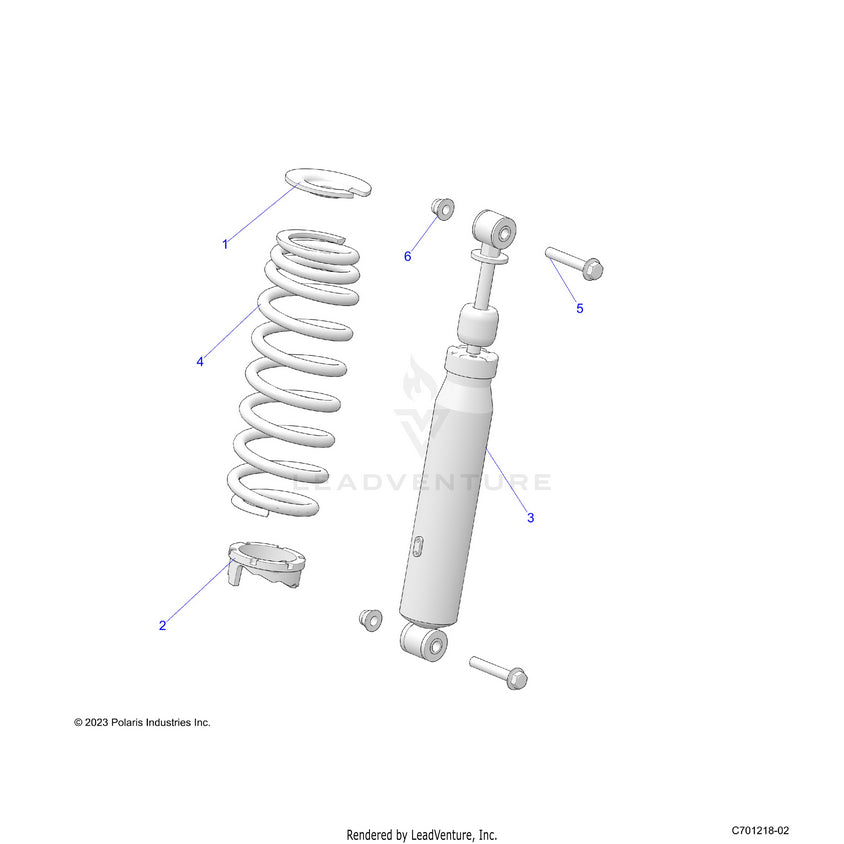 An Image of a Genuine Polaris Parts Schematic Diagram showing the schematic - SUSPENSION: FRONT SHOCK - 2023 POLARIS RANGER 1000 EPS
