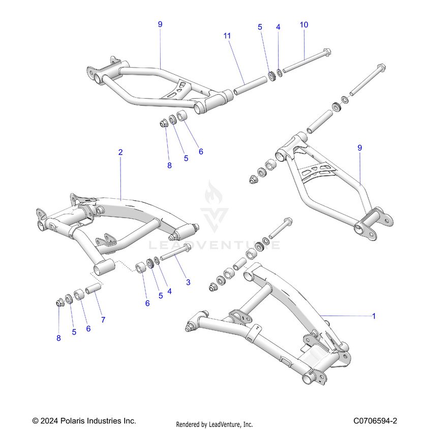 An Image of a Genuine Polaris Parts Schematic Diagram showing the schematic - SUSPENSION: REAR CONTROL ARMS - 2024 POLARIS XPEDITION ADV 5 NORTHSTAR