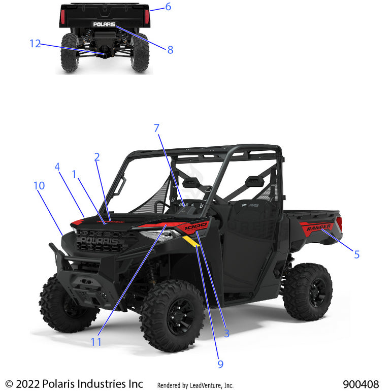 An Image of a Genuine Polaris Parts Schematic Diagram showing the schematic - BODY: DECALS GRAPHICS - 2022 POLARIS RANGER 1000 PREMIUM EPS FULL SIZE