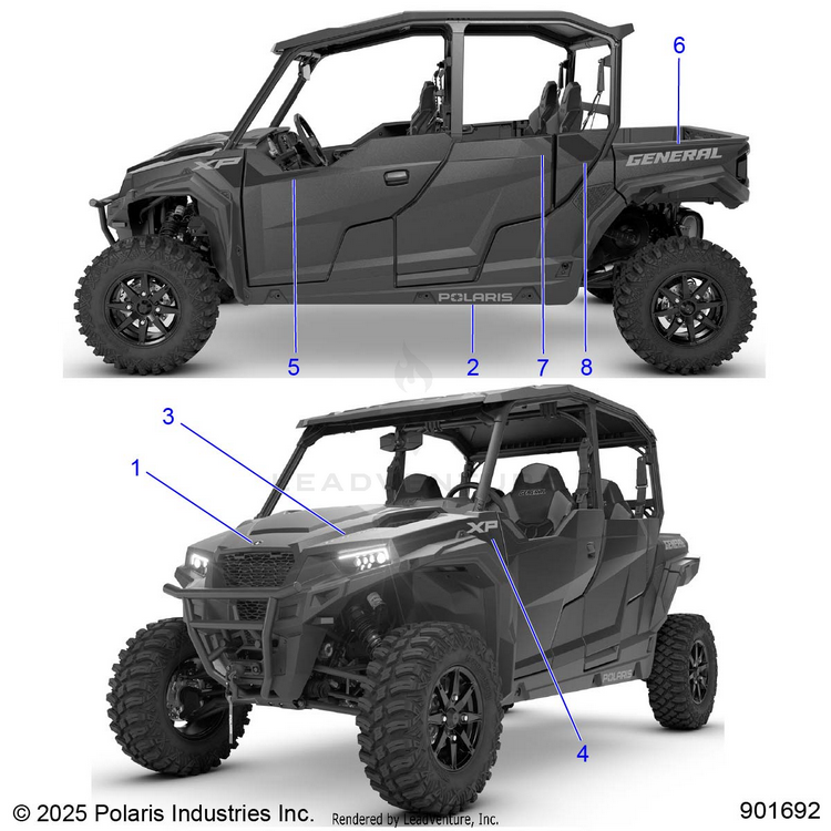 An Image of a Genuine Polaris Parts Schematic Diagram showing the schematic - BODY: DECALS (2) - 2026 POLARIS GENERAL XP 4 1000 PREMIUM