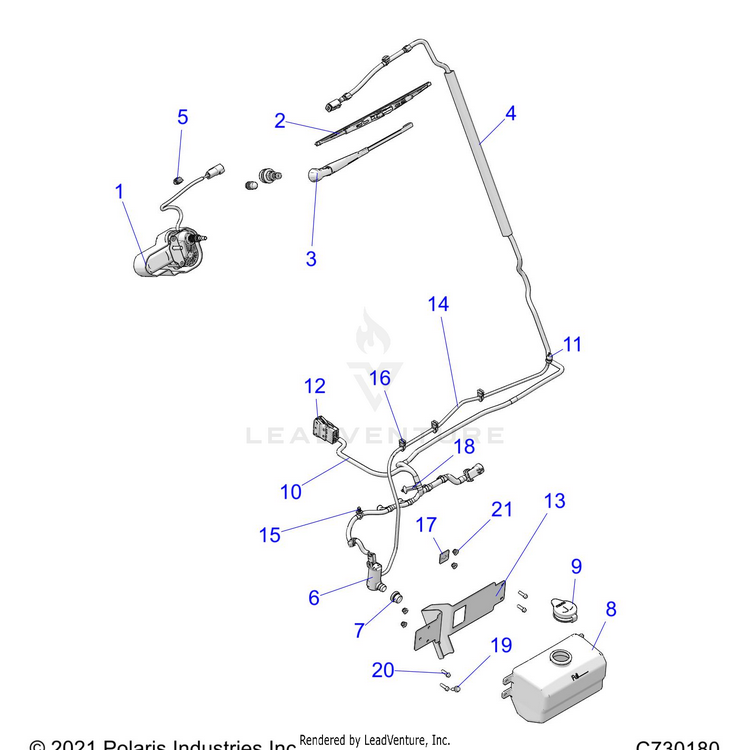 An Image of a Genuine Polaris Parts Schematic Diagram showing the schematic - BODY: WINDSHIELD WIPER & WASHER BOTTLE - 2025 POLARIS RANGER 570 NORTHSTAR
