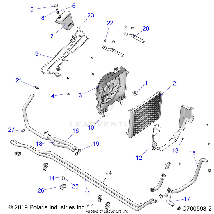 An Image of a Genuine Polaris Parts Schematic Diagram showing the schematic - ENGINE: COOLING SYSTEM - 2020 POLARIS RANGER CREW 1000 EPS FULL SIZE