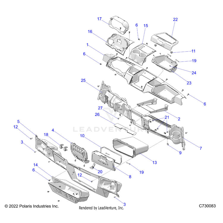 An Image of a Genuine Polaris Parts Schematic Diagram showing the schematic - BODY: DASH - 2021 POLARIS RANGER CREW XP 1000 EPS TEXAS EDITION CA