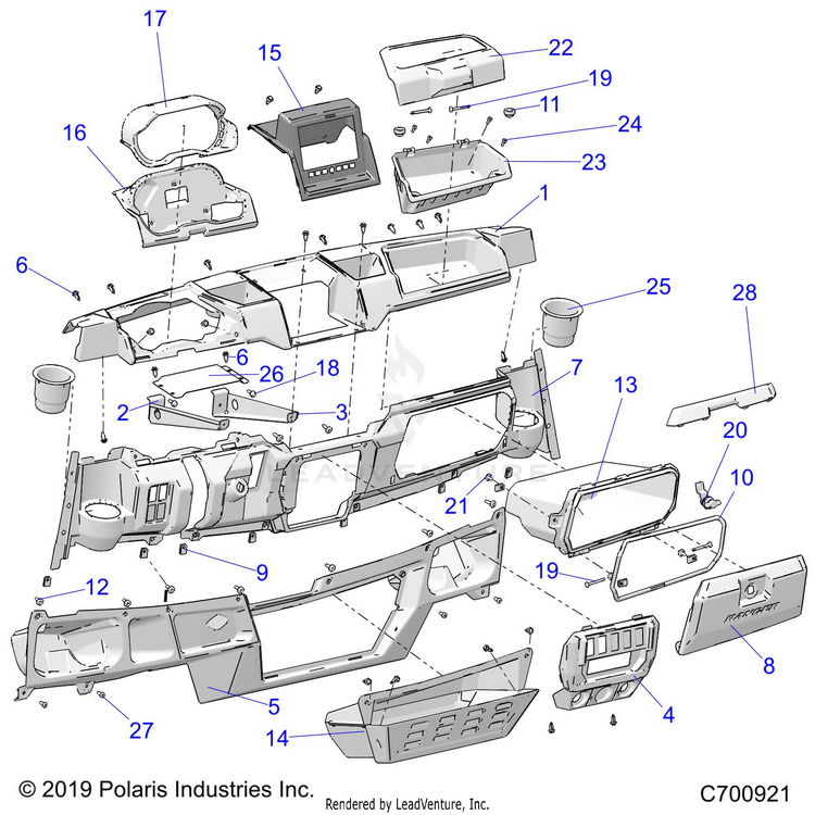 An Image of a Genuine Polaris Parts Schematic Diagram showing the schematic - BODY: DASH - 2020 POLARIS RANGER CREW XP 1000 NORTHSTAR ULTIMATE