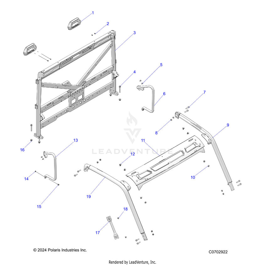 An Image of a Genuine Polaris Parts Schematic Diagram showing the schematic - CHASSIS: CAB FRAME - 2022 POLARIS RANGER 1000 EPS FULL SIZE