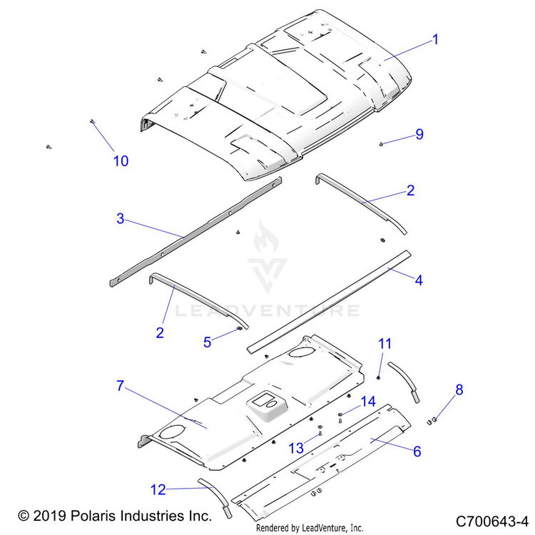 An Image of a Genuine Polaris Parts Schematic Diagram showing the schematic - BODY: ROOF - 2020 POLARIS RANGER XP 1000 NORTHSTAR ULTIMATE