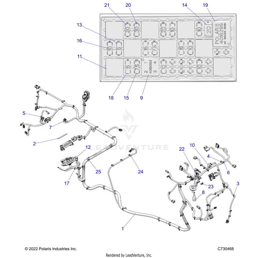 An Image of a Genuine Polaris Parts Schematic Diagram showing the schematic - ELECTRICAL: WIRE HARNESS - 2023 POLARIS RANGER 570 CREW