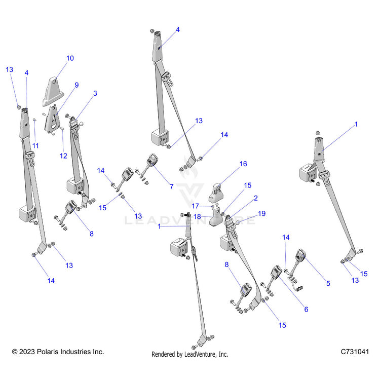 An Image of a Genuine Polaris Parts Schematic Diagram showing the schematic - BODY: SEAT BELT - 2024 POLARIS RANGER XD 1500 PREMIUM CREW