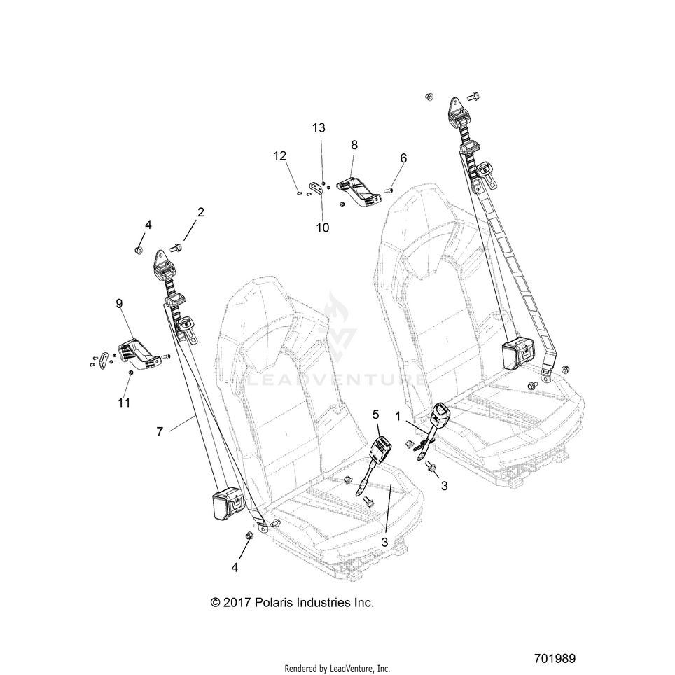 An Image of a Genuine Polaris Parts Schematic Diagram showing the schematic - BODY: SEAT BELT MOUNTING - 2020 POLARIS GENERAL 1000 DELUXE EPS