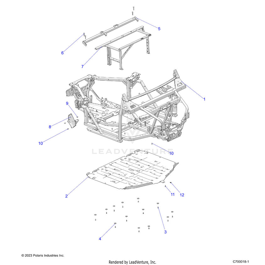 An Image of a Genuine Polaris Parts Schematic Diagram showing the schematic - CHASSIS: MAIN FRAME & SKID PLATES - 2025 POLARIS RANGER 1000 XP NORTHSTAR ULTIMATE TRAIL BOSS