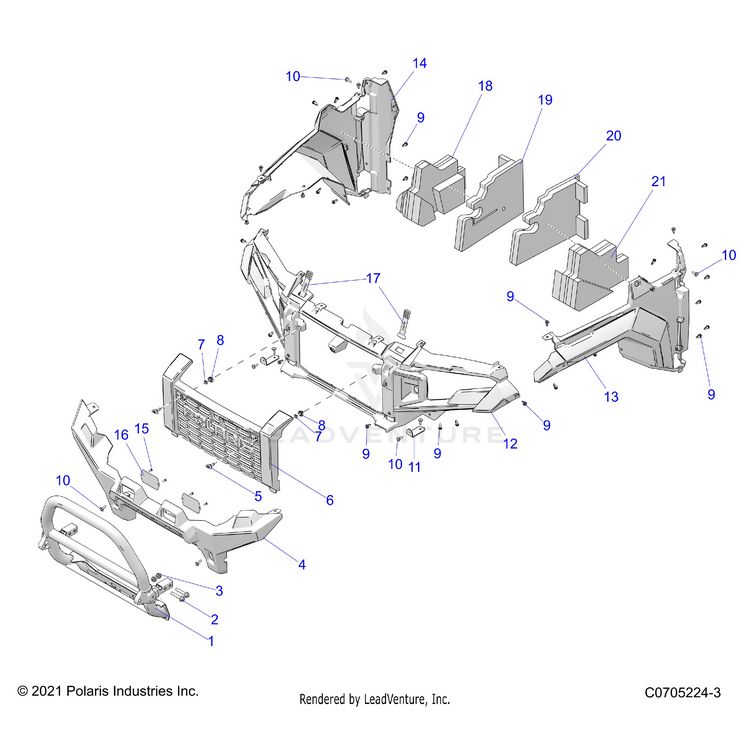 An Image of a Genuine Polaris Parts Schematic Diagram showing the schematic - BODY: FRONT BUMPER FASCIA GRILLE AND FLARES - 2024 POLARIS XPEDITION ADV 5 NORTHSTAR