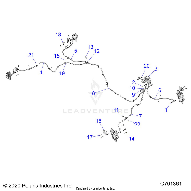 An Image of a Genuine Polaris Parts Schematic Diagram showing the schematic - BRAKES: BRAKE LINES & MASTER CYLINDER - 2022 POLARIS RANGER CREW XP 1000 WATERFOWL EVAP