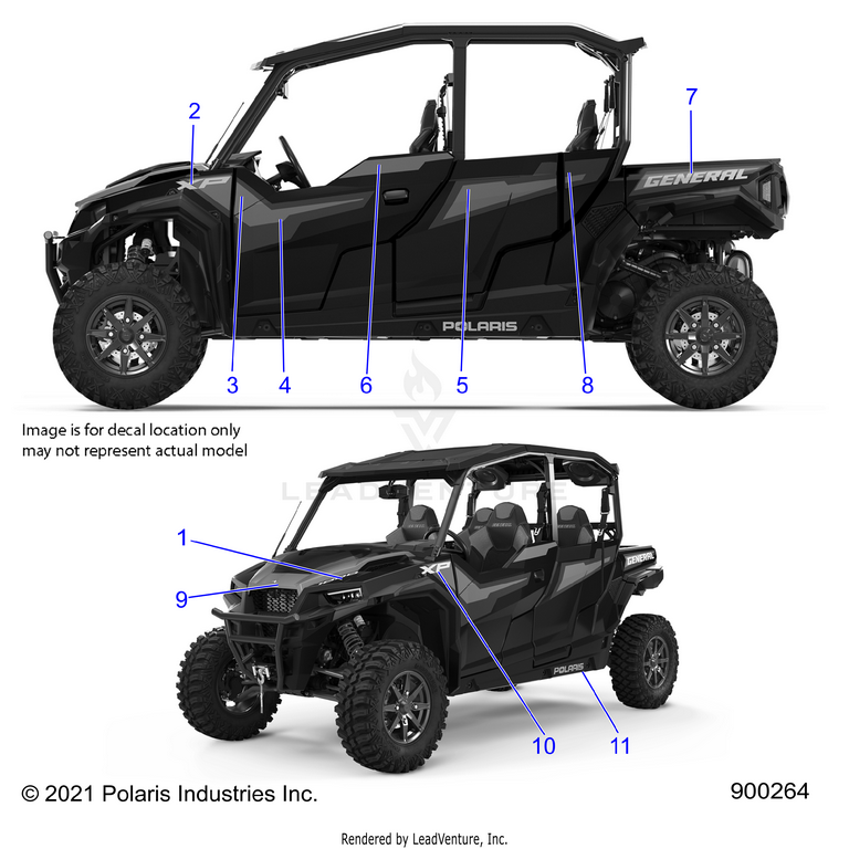 An Image of a Genuine Polaris Parts Schematic Diagram showing the schematic - BODY: DECALS - 2021 POLARIS GENERAL XP 4 DELUXE RIDE COMMAND