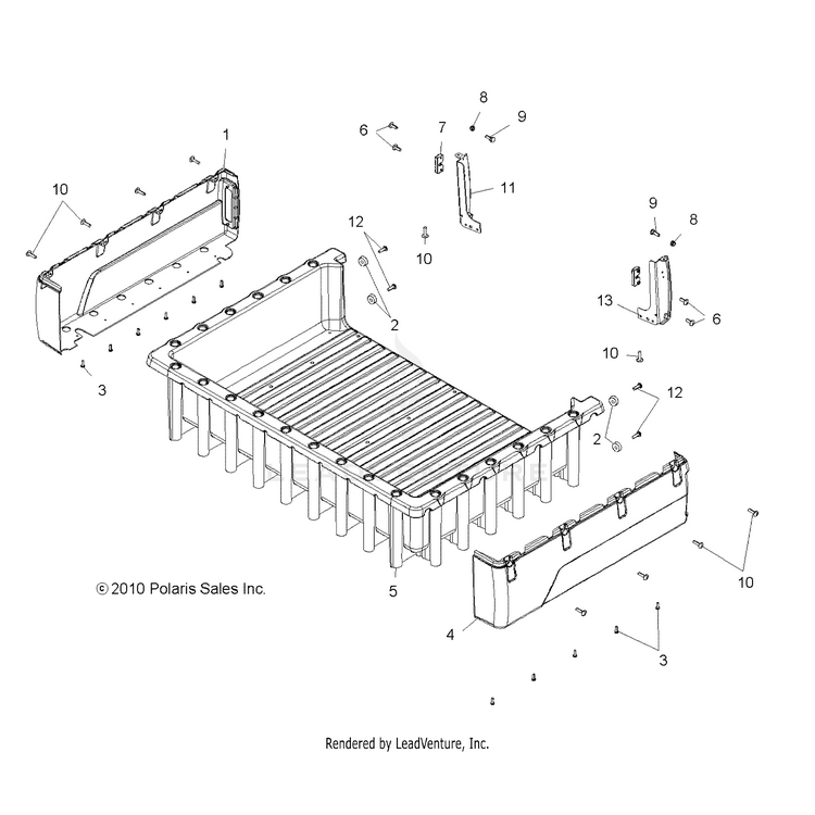 An Image of a Genuine Polaris Parts Schematic Diagram showing the schematic - BODY: BOX - 2016 POLARIS RANGER 800 6X6
