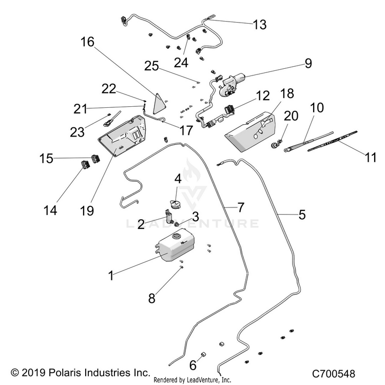 An Image of a Genuine Polaris Parts Schematic Diagram showing the schematic - BODY: ROOF WATER BOTTLE WIPER & HARNESSES - 2019 POLARIS RANGER CREW XP 1000 NORTHSTAR FACTORY CHOICE