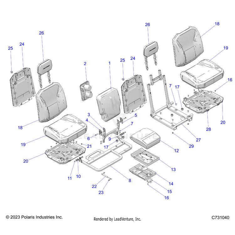 An Image of a Genuine Polaris Parts Schematic Diagram showing the schematic - BODY: SEAT REAR - 2024 POLARIS RANGER XD 1500 PREMIUM CREW
