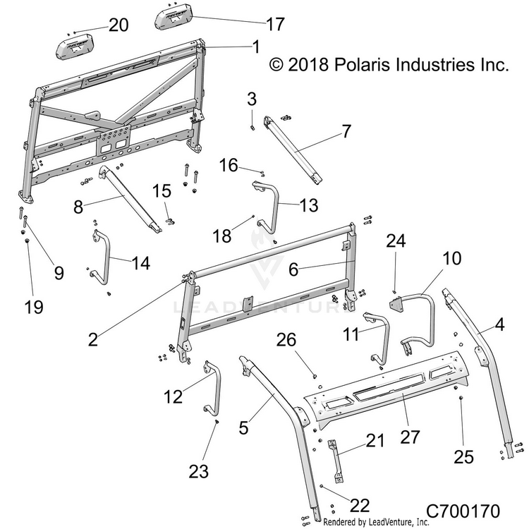An Image of a Genuine Polaris Parts Schematic Diagram showing the schematic - CHASSIS: CAB FRAME - 2020 POLARIS RANGER CREW XP 1000 EPS HIGH LIFTER