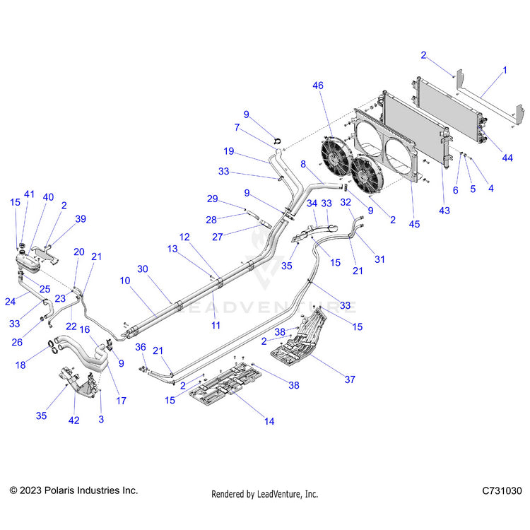 An Image of a Genuine Polaris Parts Schematic Diagram showing the schematic - ENGINE: COOLING - 2024 POLARIS RANGER XD 1500 PREMIUM CREW