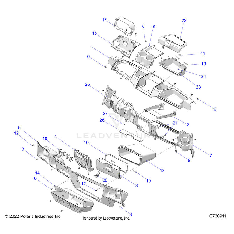 An Image of a Genuine Polaris Parts Schematic Diagram showing the schematic - BODY: DASH - 2021 POLARIS RANGER XP 1000 BIG GAME EVAP
