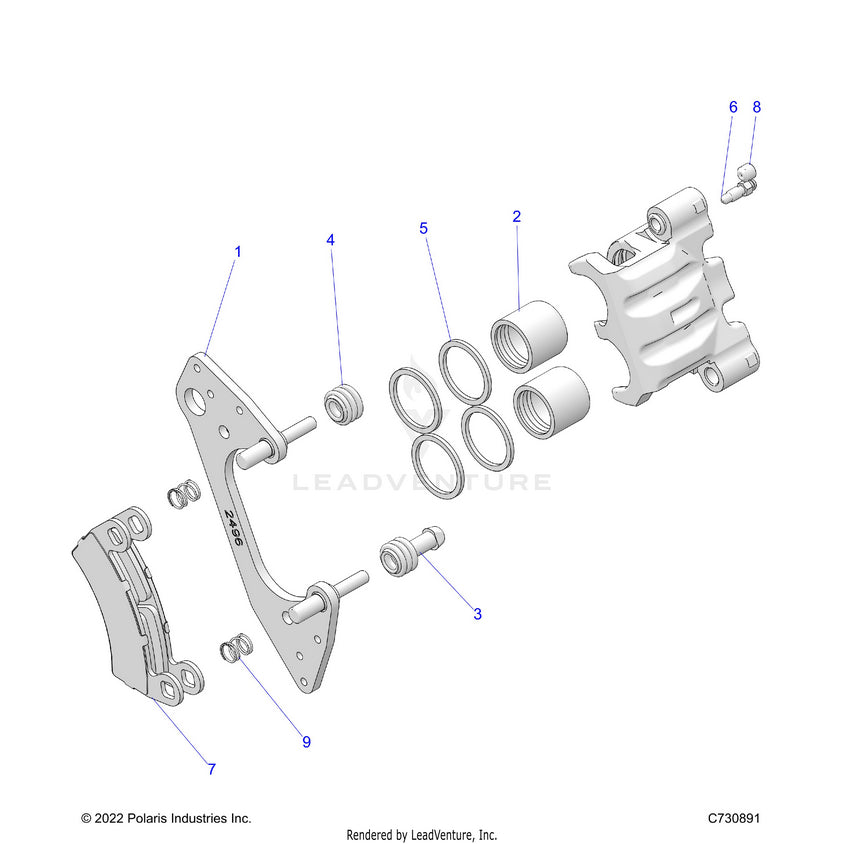 An Image of a Genuine Polaris Parts Schematic Diagram showing the schematic - BRAKES: FRONT CALIPER - 2023 POLARIS RANGER 1000 PREMIUM EPS